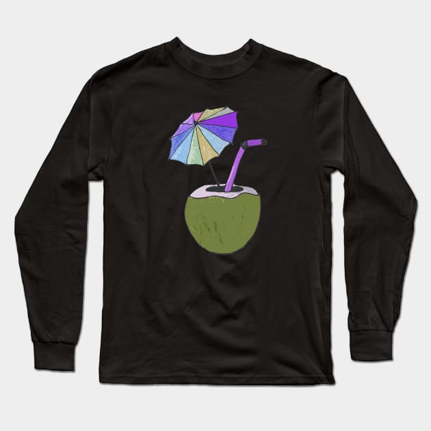 Hand drawn coconut drink with colorful umbrella drink Long Sleeve T-Shirt by WatercolorFun